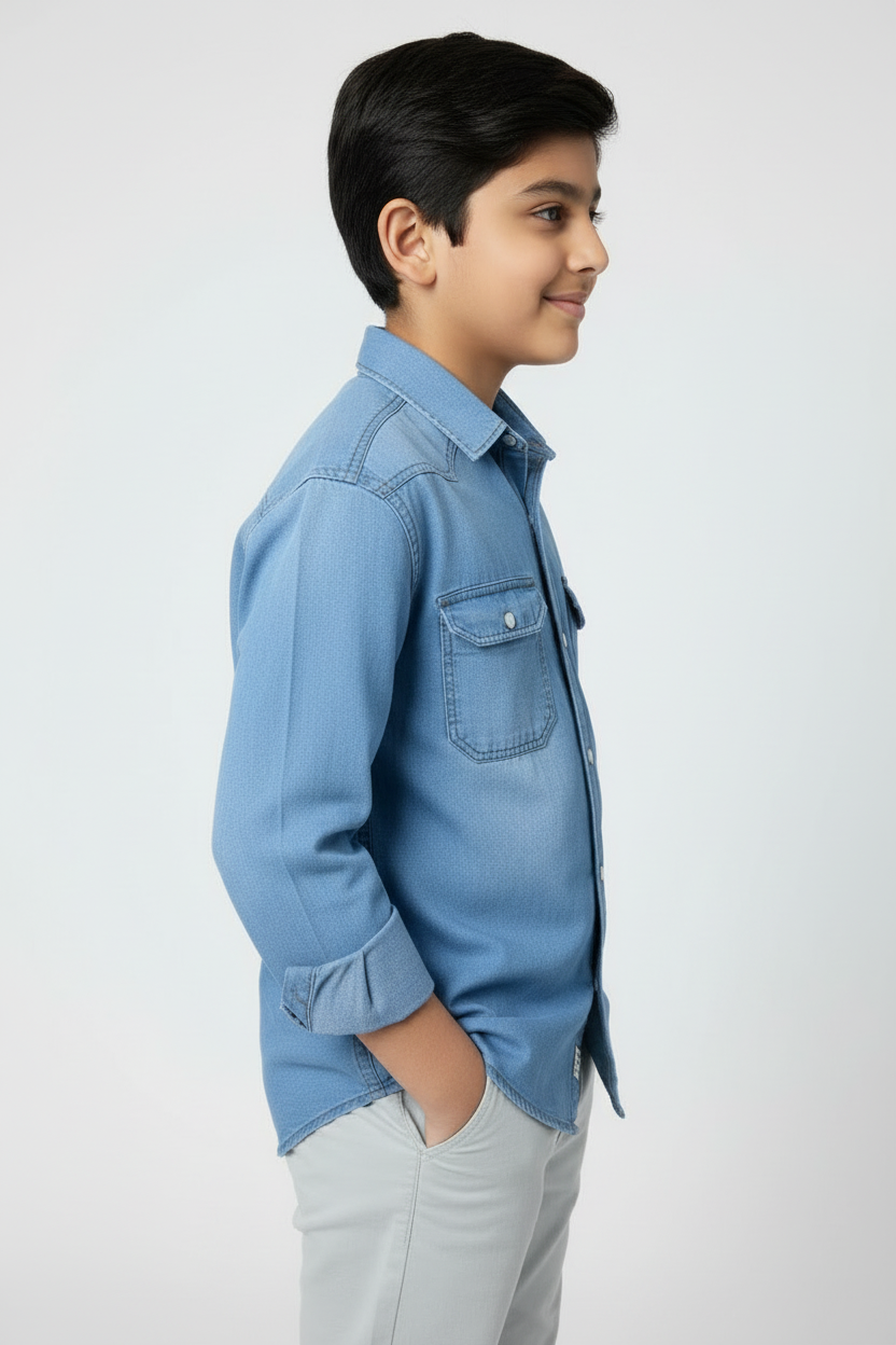 Boys Double Pocket Light Blue Denim Shirt