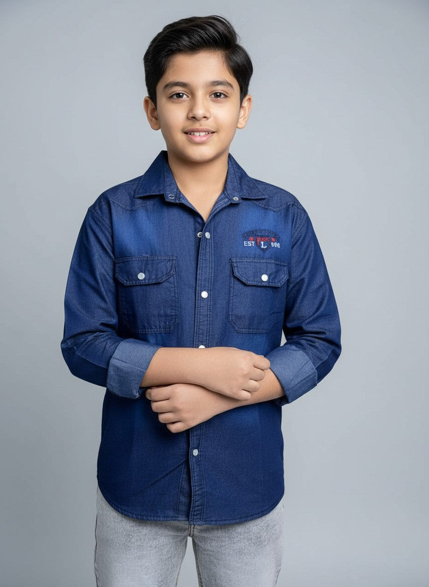 Boys Printed Double Pocket Dark Blue Denim Shirt