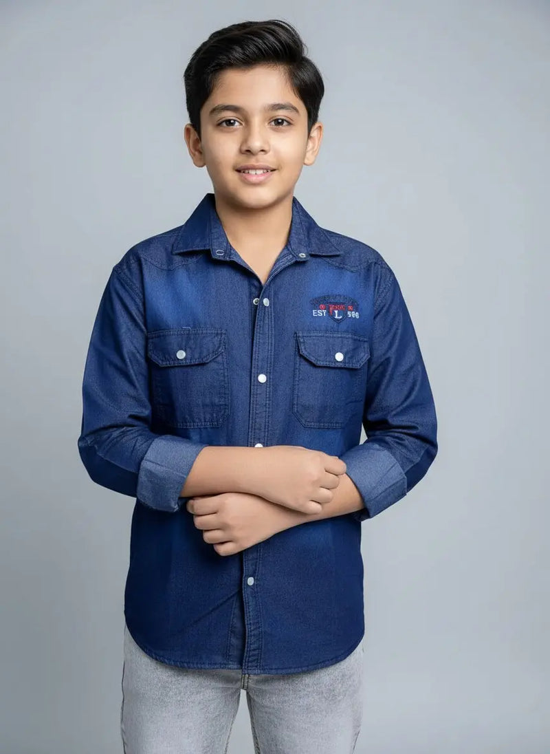 Boys Printed Double Pocket Dark Blue Denim Shirt