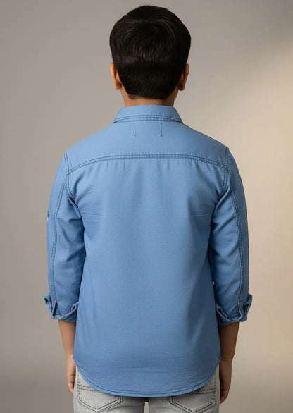Boys Printed Double Pocket Light Blue Denim Shirt