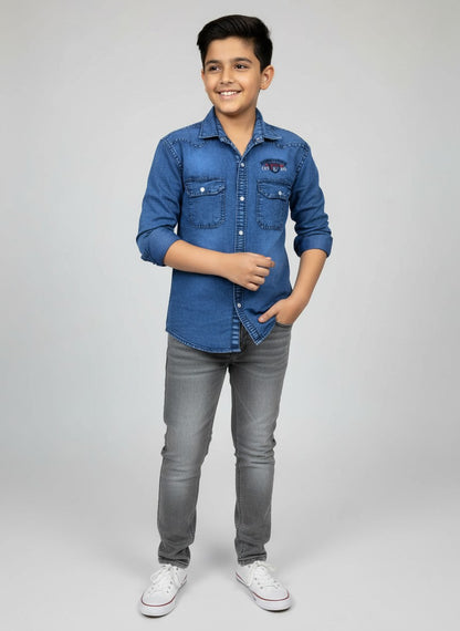 Boys Printed Double Pocket Acid Wash Denim Shirt