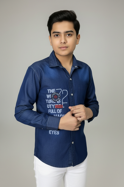 Boys Embroidery Dark Blue Denim Shirt