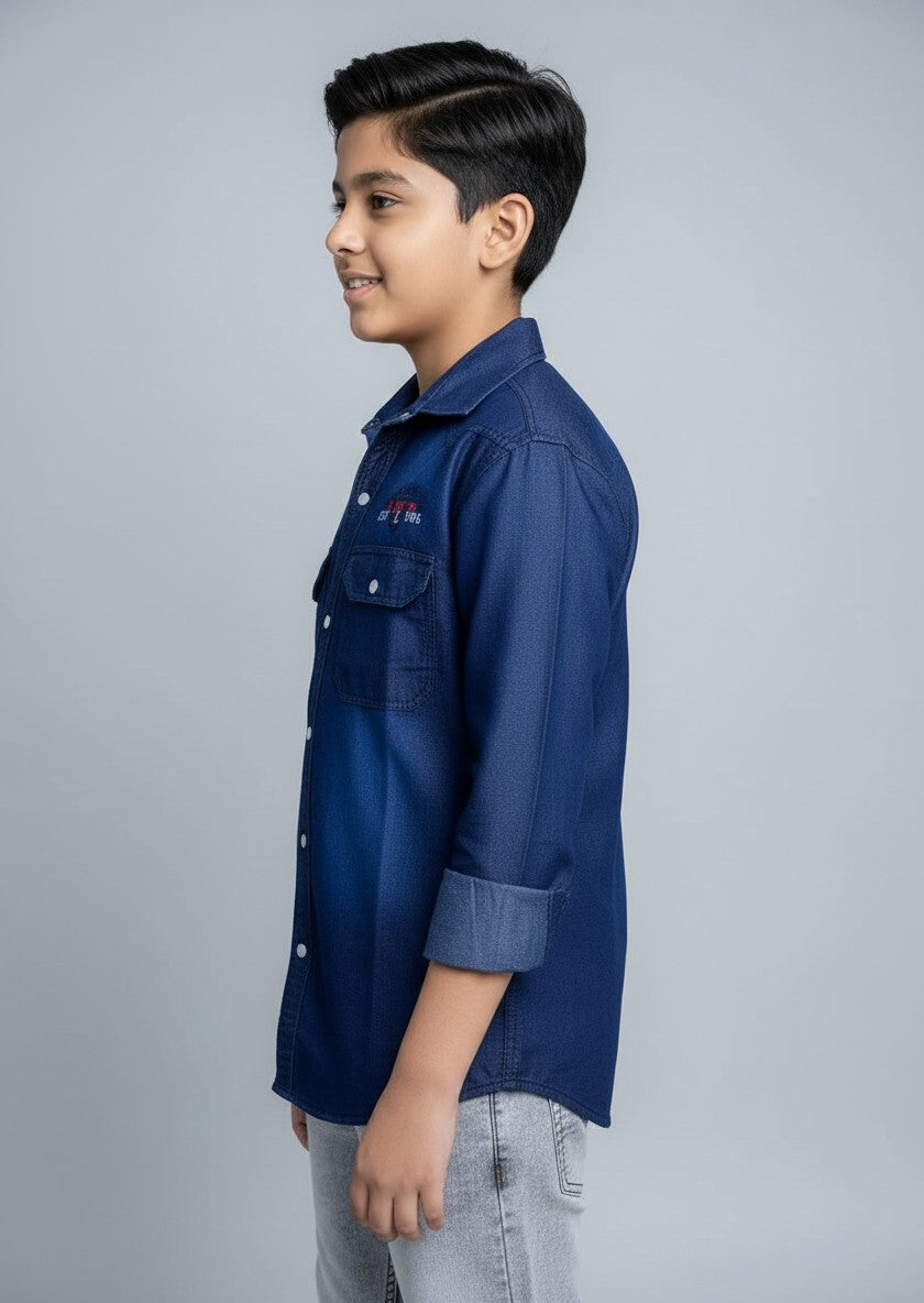 Boys Printed Double Pocket Dark Blue Denim Shirt