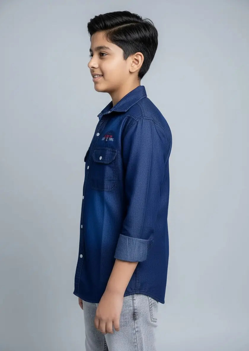 Boys Printed Double Pocket Dark Blue Denim Shirt