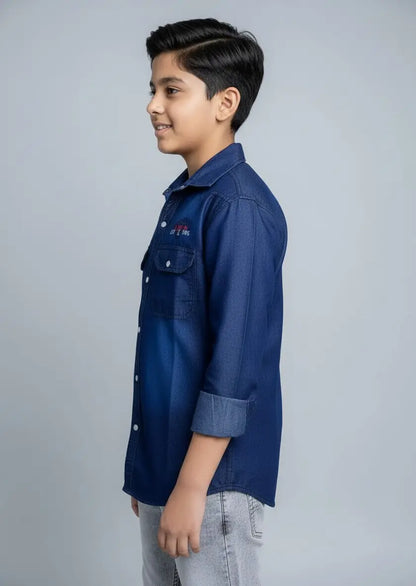 Boys Printed Double Pocket Dark Blue Denim Shirt