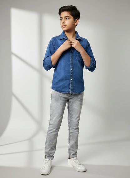 Boys Single Pocket Full Sleeve Acid Wash Denim Shirt