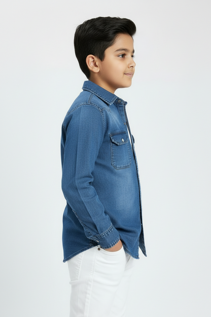 Boys Double Pocket Acid Wash Denim Shirt