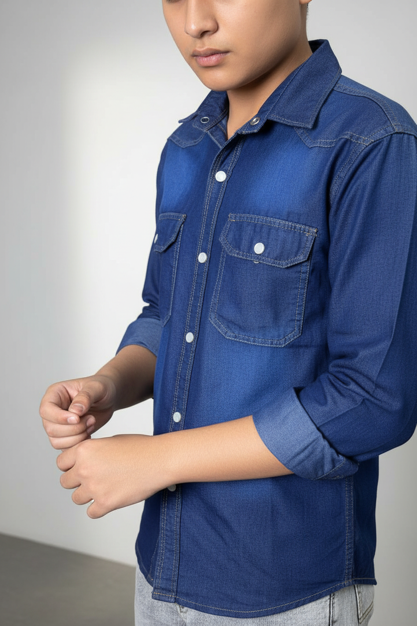 Boys Double Pocket Dark Blue Denim Shirt