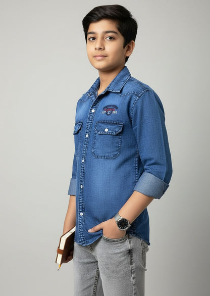 Boys Printed Double Pocket Acid Wash Denim Shirt