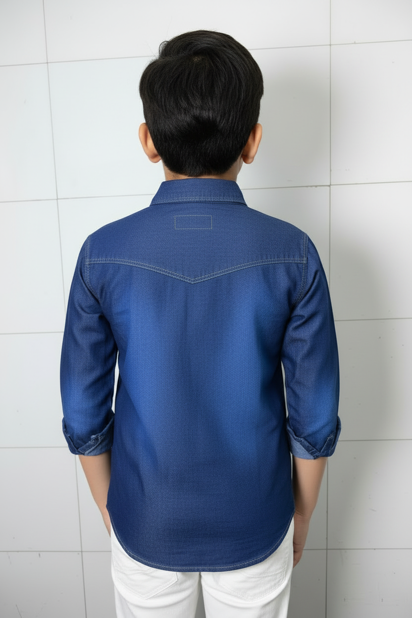 Boys Double Pocket Dark Blue Denim Shirt