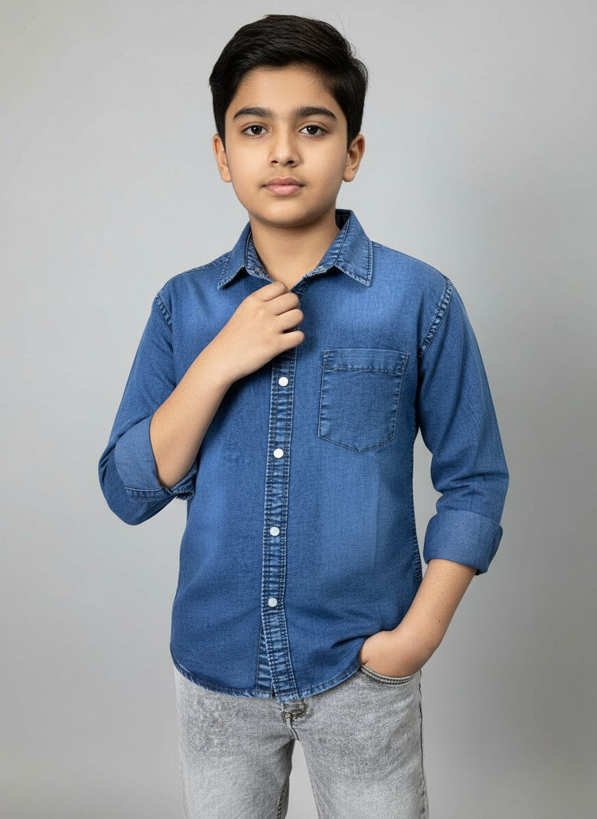 Boys Single Pocket Full Sleeve Acid Wash Denim Shirt