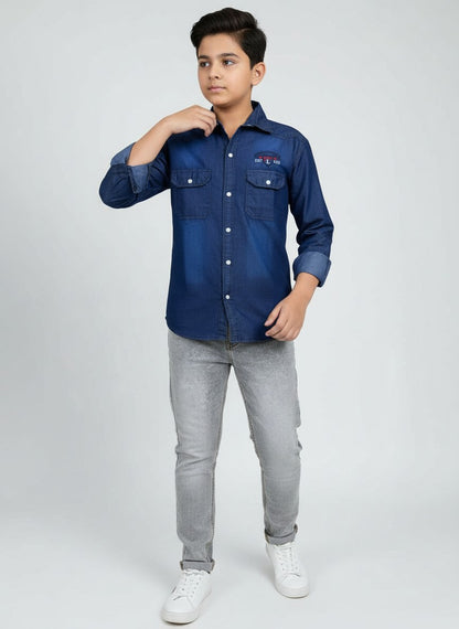 Boys Printed Double Pocket Dark Blue Denim Shirt