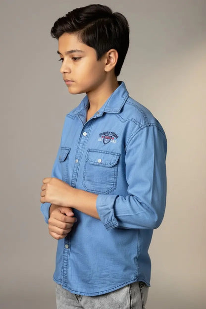 Boys Printed Double Pocket Light Blue Denim Shirt