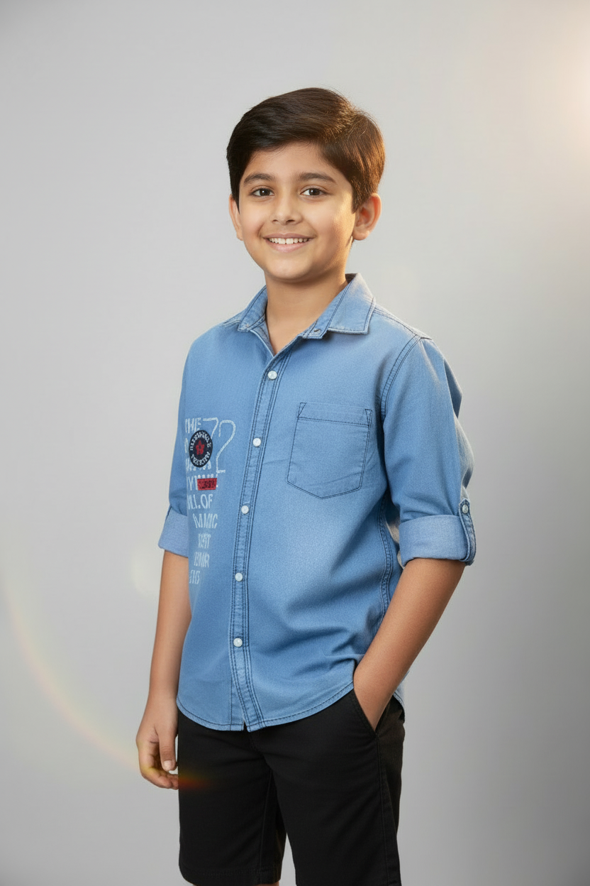 Boys Embroidery Light Blue Denim Shirt