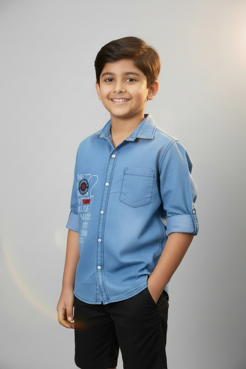 Boys Embroidery Light Blue Denim Shirt