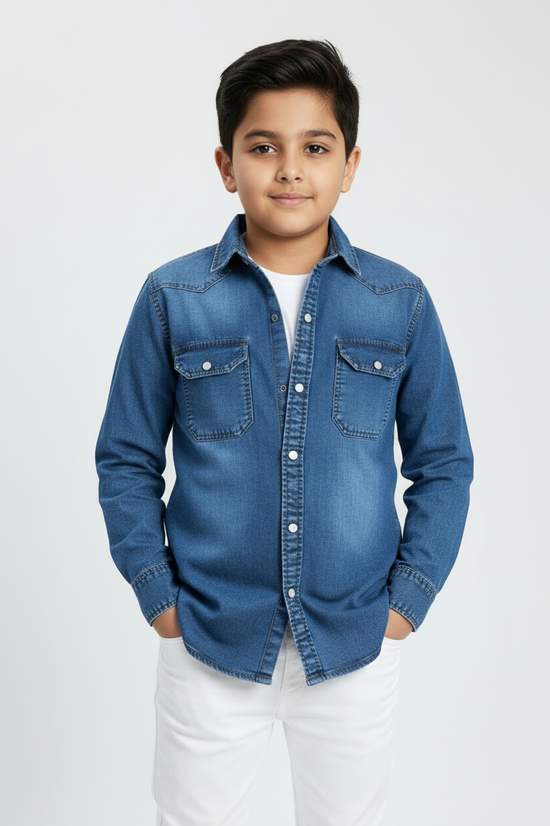 Boys Double Pocket Acid Wash Denim Shirt