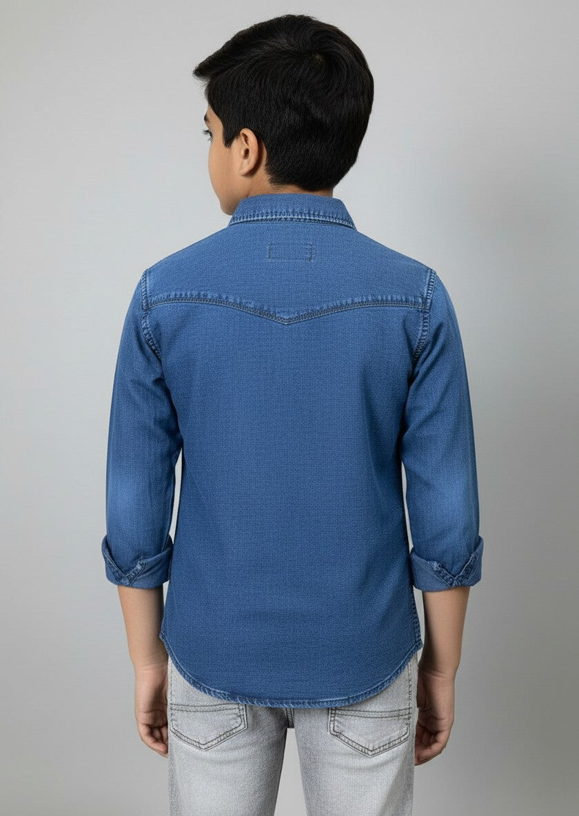Boys Single Pocket Full Sleeve Acid Wash Denim Shirt