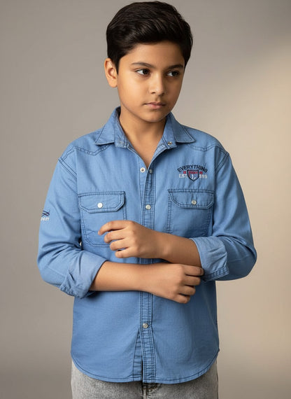 Boys Printed Double Pocket Light Blue Denim Shirt