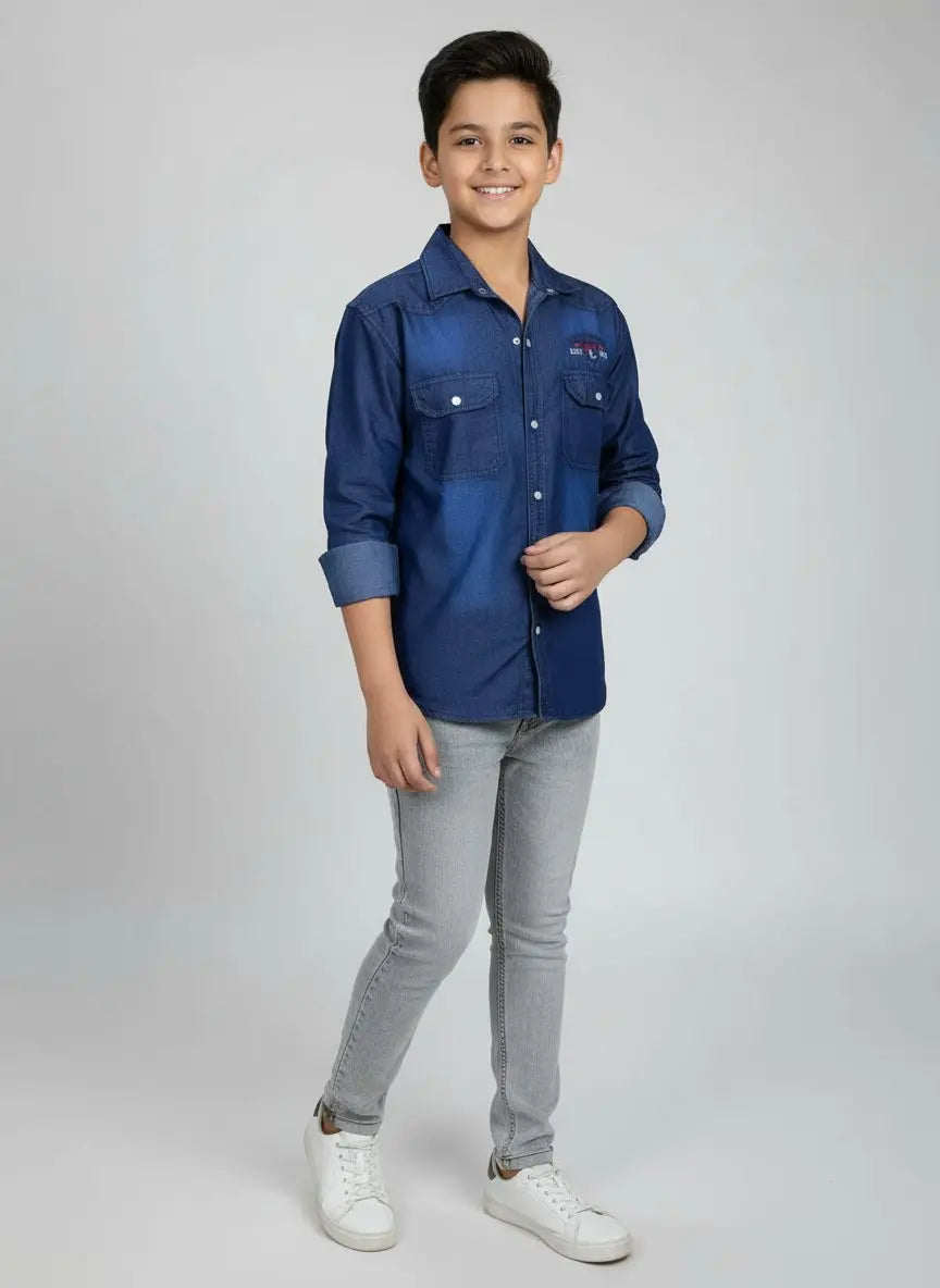 Boys Printed Double Pocket Dark Blue Denim Shirt
