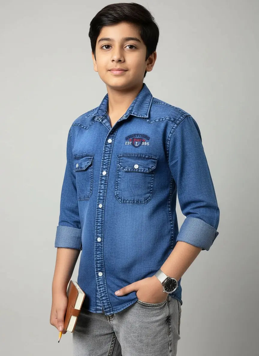 Boys Printed Double Pocket Acid Wash Denim Shirt