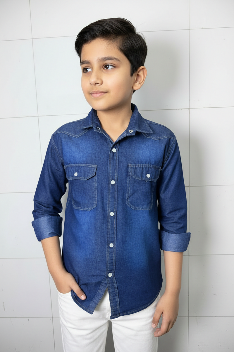 Boys Double Pocket Dark Blue Denim Shirt