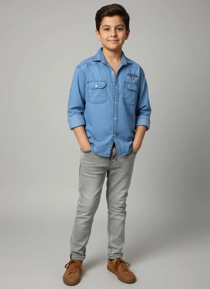 Boys Printed Double Pocket Light Blue Denim Shirt