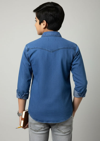 Boys Printed Double Pocket Acid Wash Denim Shirt