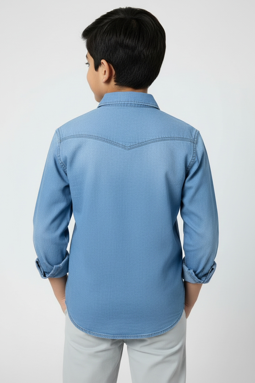 Boys Double Pocket Light Blue Denim Shirt